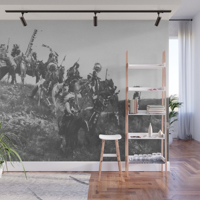 Oglala War Party Native American Oglala tribe in full headdress black and white photograph Wall Mural Gallery Image 1