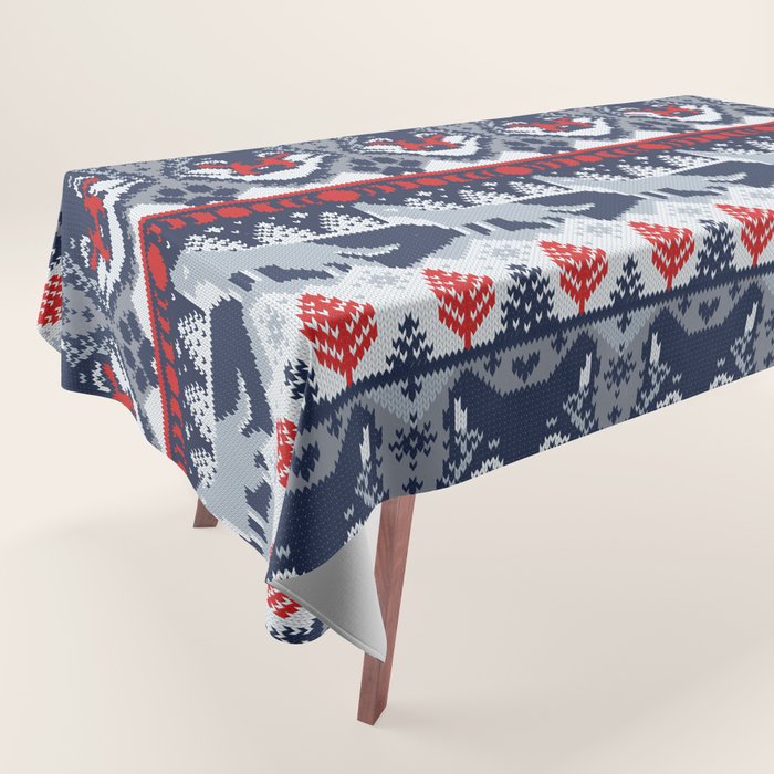 Fair isle knitting grey wolf // navy blue and grey wolves red moons and pine trees Tablecloth Gallery Image 1