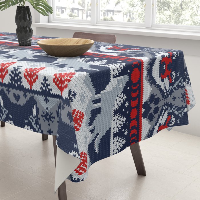 Fair isle knitting grey wolf // navy blue and grey wolves red moons and pine trees Tablecloth Gallery Image 3