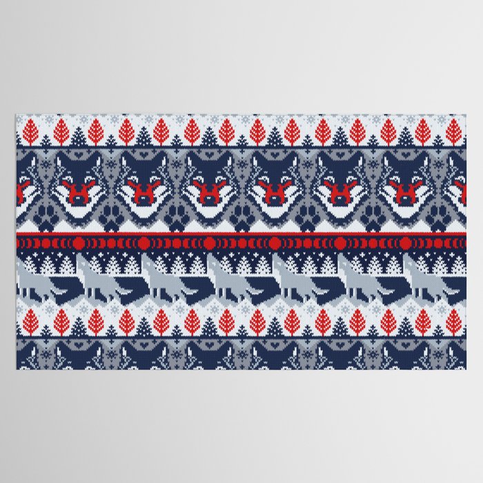 Fair isle knitting grey wolf // navy blue and grey wolves red moons and pine trees Tablecloth Gallery Image 2