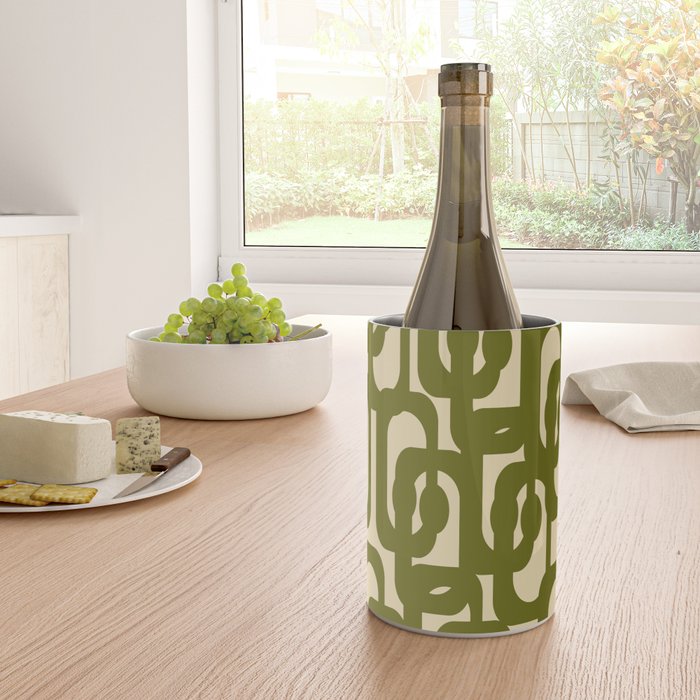 Mid Century Modern Loops Abstract Pattern in Olive Green and Beige Cream Wine Chiller Gallery Image 4