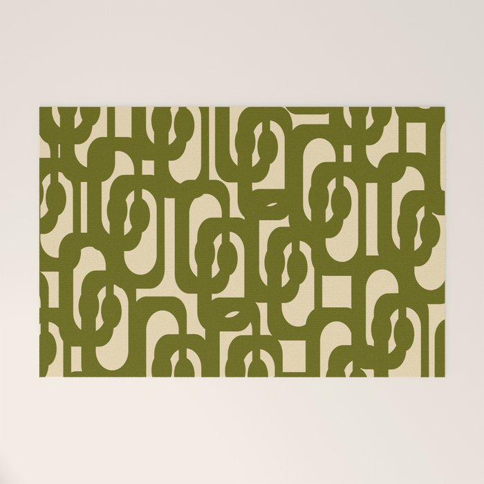 Mid Century Modern Loops Abstract Pattern in Olive Green and Beige Cream Welcome Mat Gallery Image 1