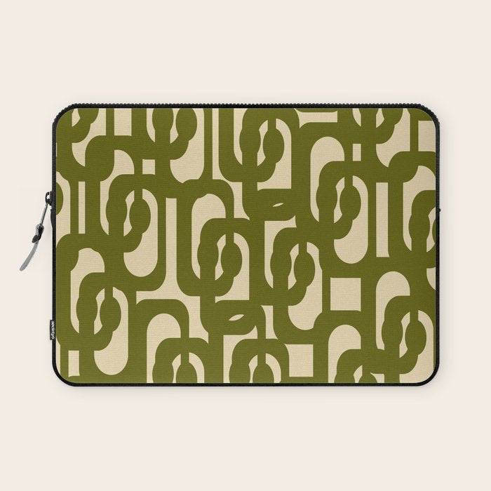 Mid Century Modern Loops Abstract Pattern in Olive Green and Beige Cream Laptop Sleeve Gallery Image 1
