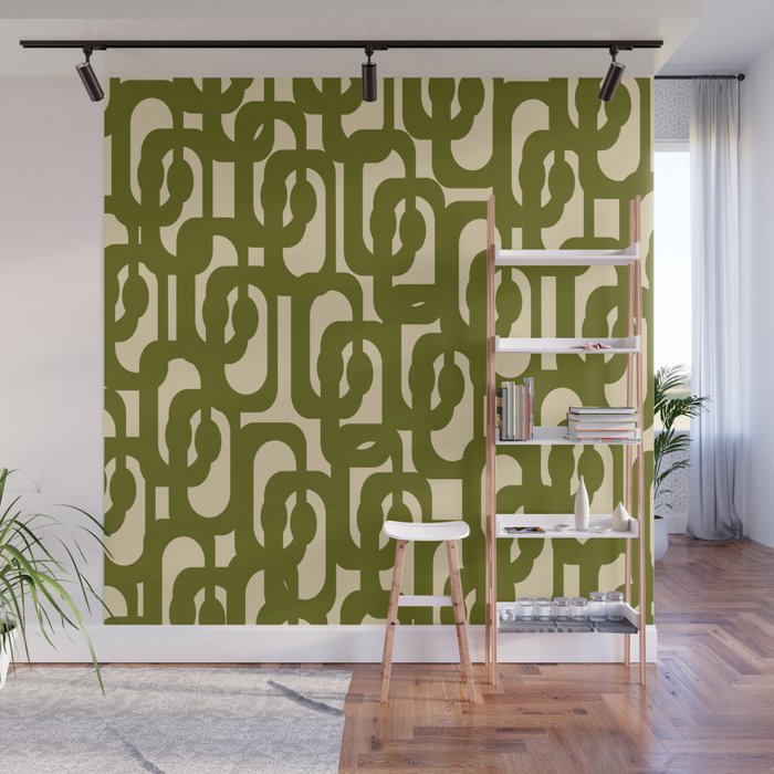 Mid Century Modern Loops Abstract Pattern in Olive Green and Beige Cream Wall Mural Gallery Image 1