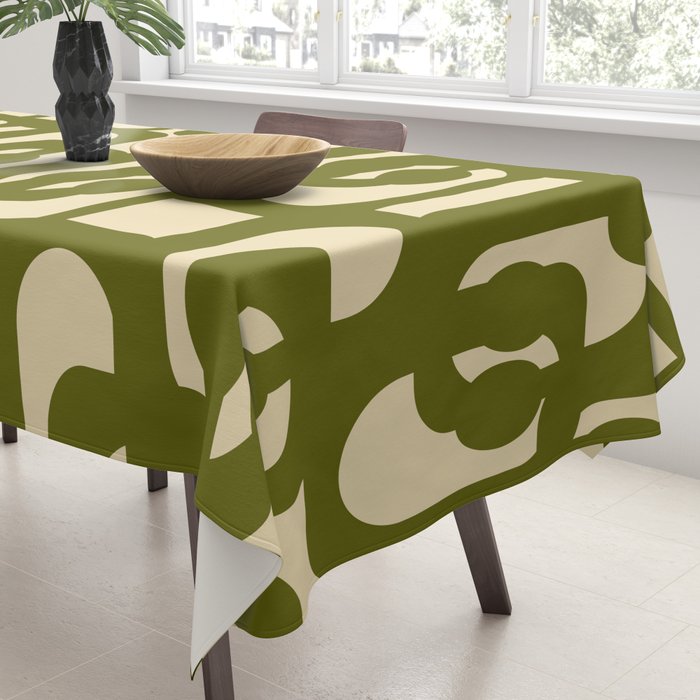 Mid Century Modern Loops Abstract Pattern in Olive Green and Beige Cream Tablecloth Gallery Image 3