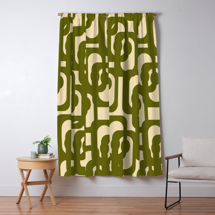 Mid Century Modern Loops Abstract Pattern in Olive Green and Beige Cream Window Curtain Gallery Image 1