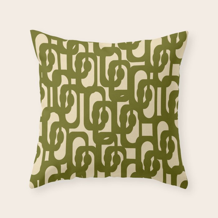 Mid Century Modern Loops Abstract Pattern in Olive Green and Beige Cream Throw Pillow Gallery Image 1