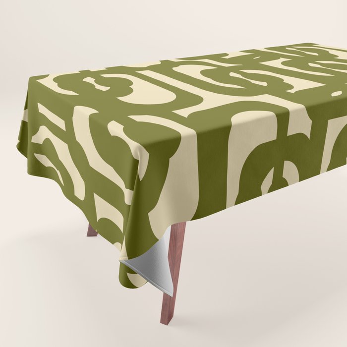 Mid Century Modern Loops Abstract Pattern in Olive Green and Beige Cream Tablecloth Gallery Image 1