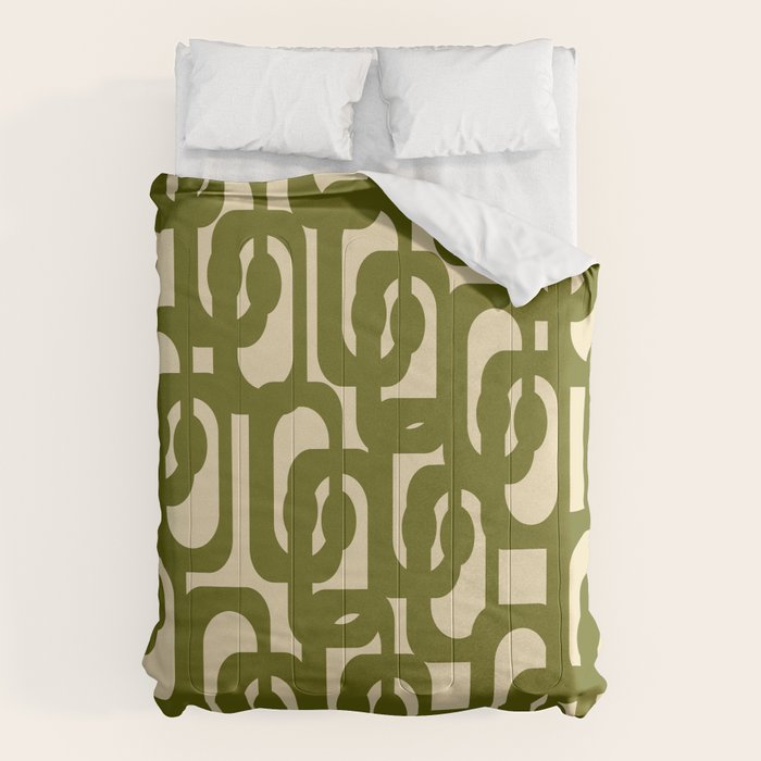 Mid Century Modern Loops Abstract Pattern in Olive Green and Beige Cream Comforter Gallery Image 6