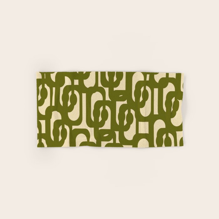 Mid Century Modern Loops Abstract Pattern in Olive Green and Beige Cream Bath Towel Gallery Image 1