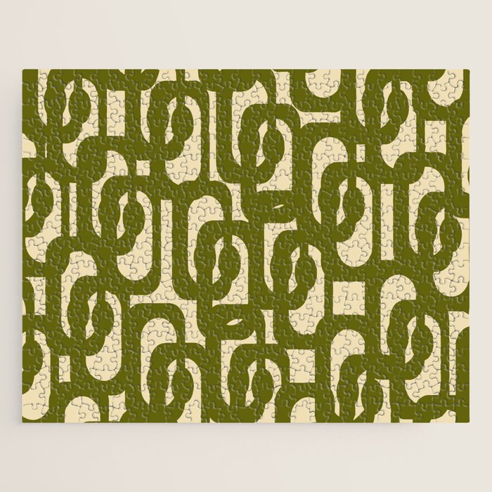 Mid Century Modern Loops Abstract Pattern in Olive Green and Beige Cream Jigsaw Puzzle Gallery Image 1