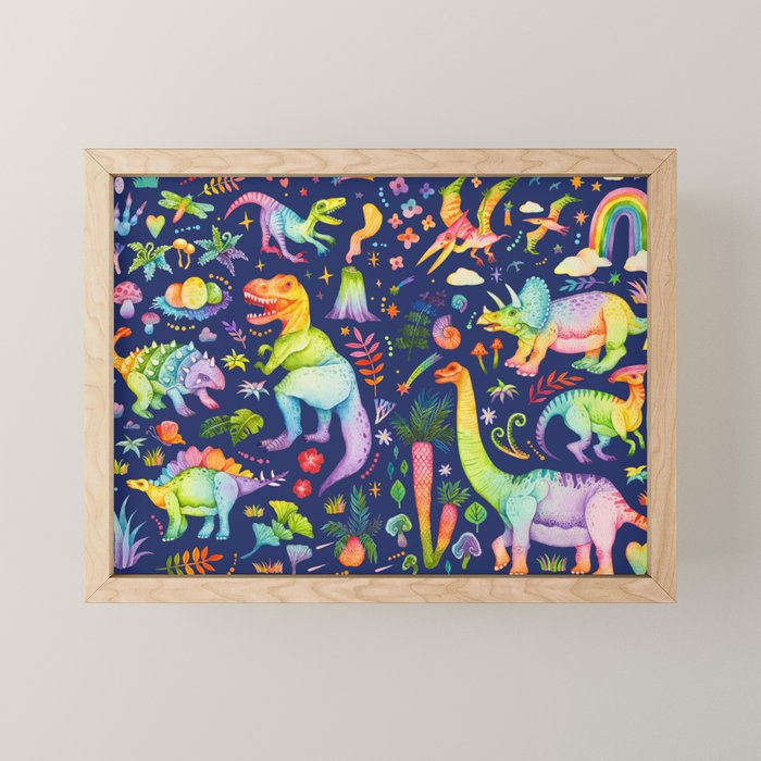 Rainbow color Cheerful Dinosaurus World - bluebg Mini Art Print Gallery Image 1