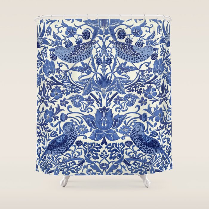William Morris Strawberry Thief Blue & White Pattern Shower Curtain Gallery Image 1