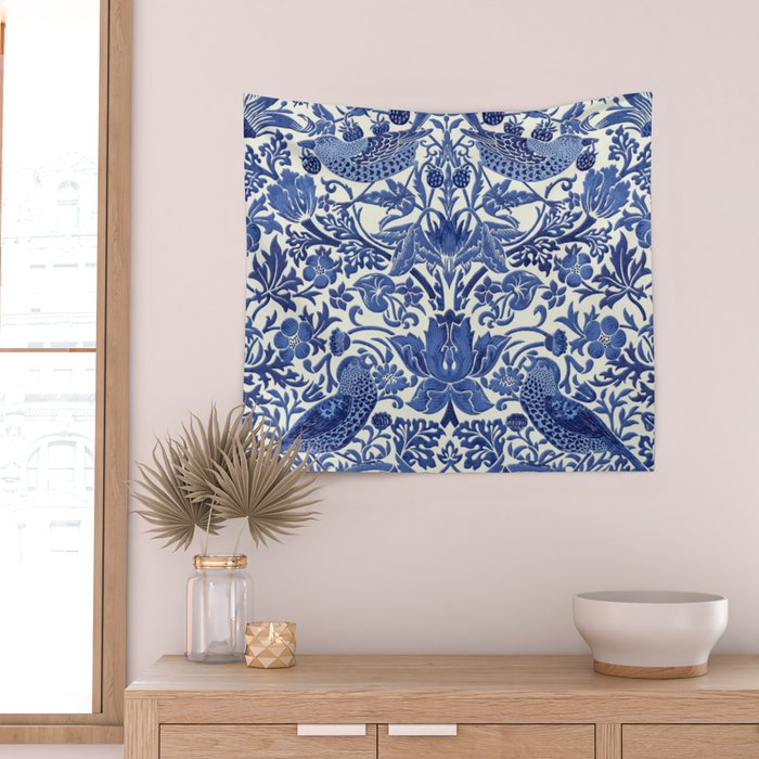 William Morris Strawberry Thief Blue & White Pattern Wall Tapestry Gallery Image 2