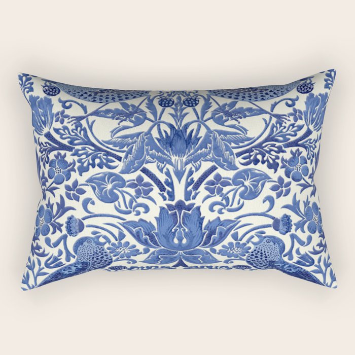 William Morris Strawberry Thief Blue & White Pattern Rectangular Pillow Gallery Image 1