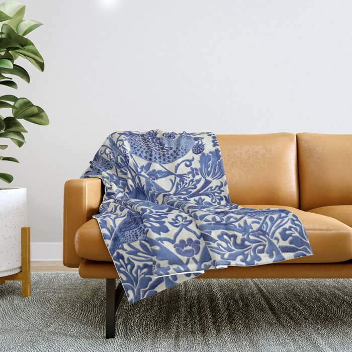 William Morris Strawberry Thief Blue & White Pattern Throw Blanket Gallery Image 1