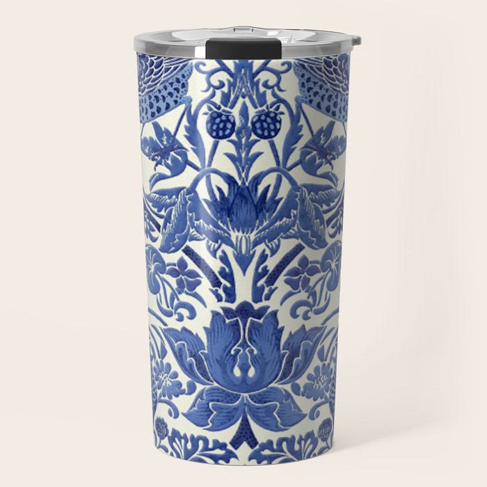 William Morris Strawberry Thief Blue & White Pattern Travel Mug Gallery Image 1