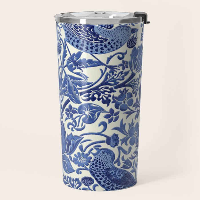 William Morris Strawberry Thief Blue & White Pattern Travel Mug Gallery Image 2