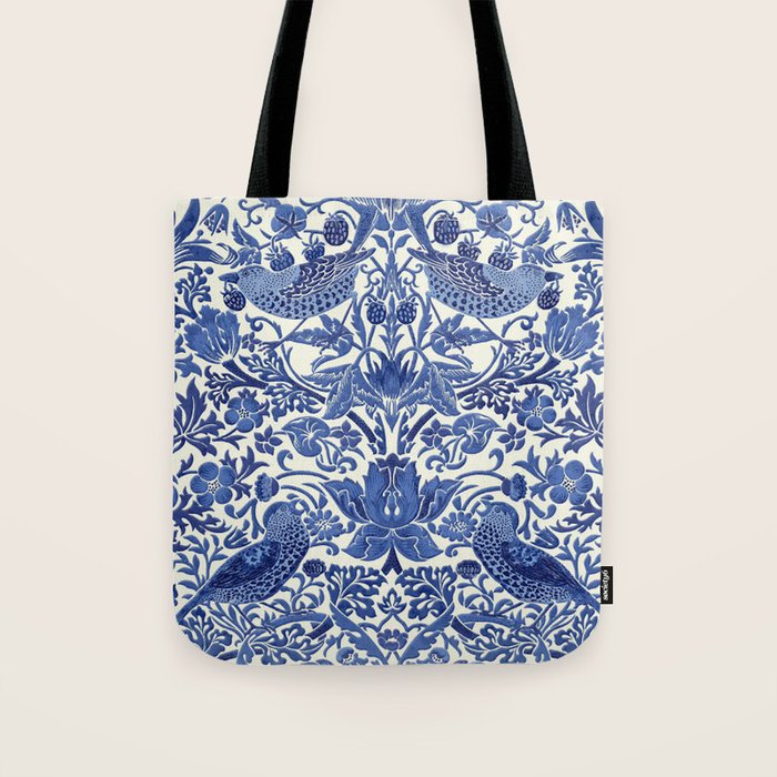 William Morris Strawberry Thief Blue & White Pattern Tote Bag Gallery Image 1
