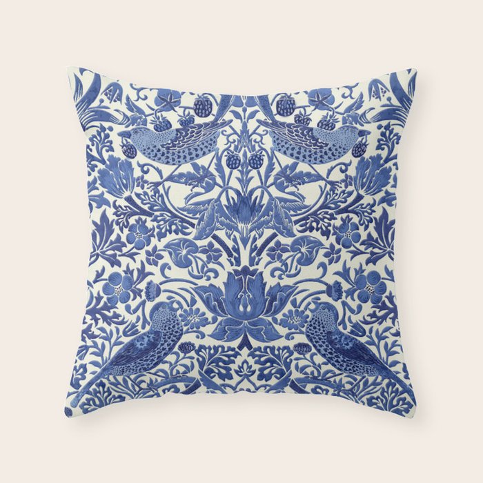 William Morris Strawberry Thief Blue & White Pattern Throw Pillow Gallery Image 1