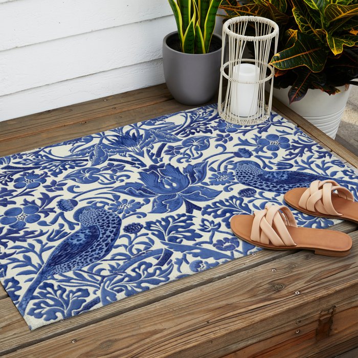 William Morris Strawberry Thief Blue & White Pattern Outdoor Rug Gallery Image 2