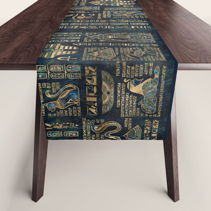 Egyptian hieroglyphs and deities -Abalone and gold Table Runner Gallery Image 1