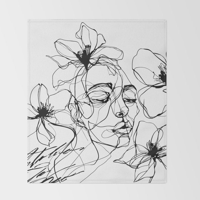 Monochrome Muse Expressive Line Art Portrait Throw Blanket Gallery Image 2
