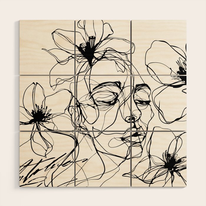 Monochrome Muse Expressive Line Art Portrait Wood Wall Art Gallery Image 1