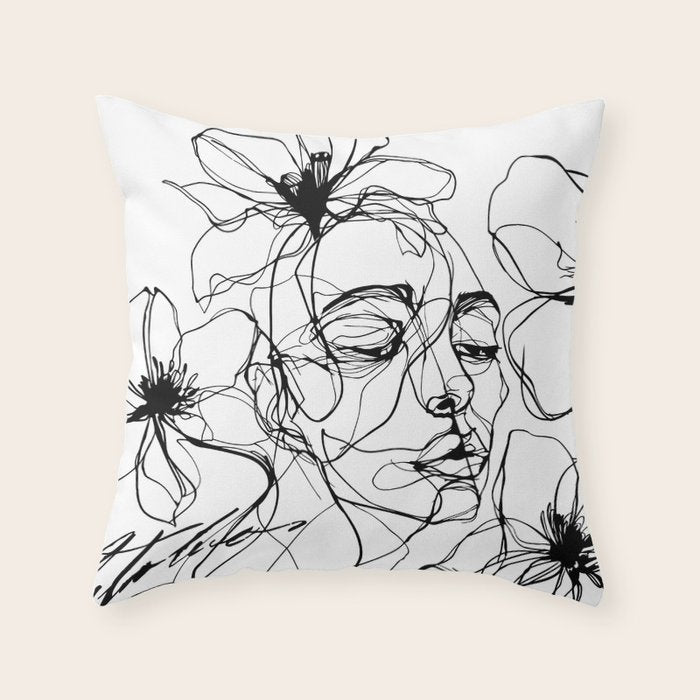 Monochrome Muse Expressive Line Art Portrait Throw Pillow Gallery Image 6
