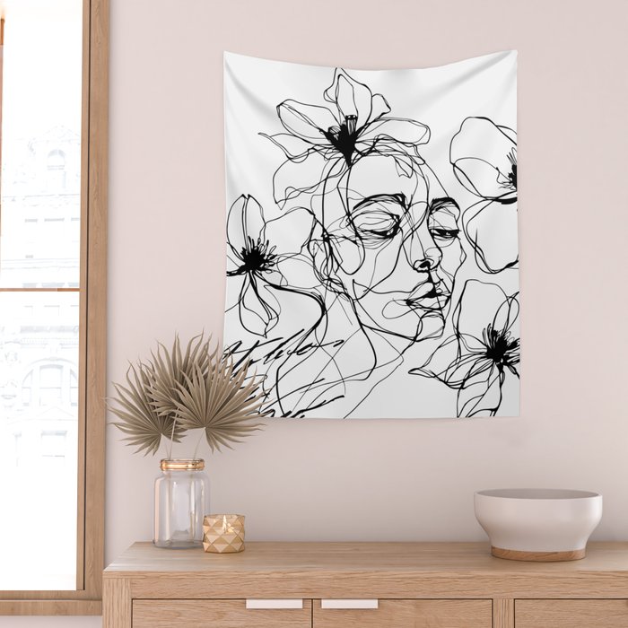 Monochrome Muse Expressive Line Art Portrait Wall Tapestry Gallery Image 2