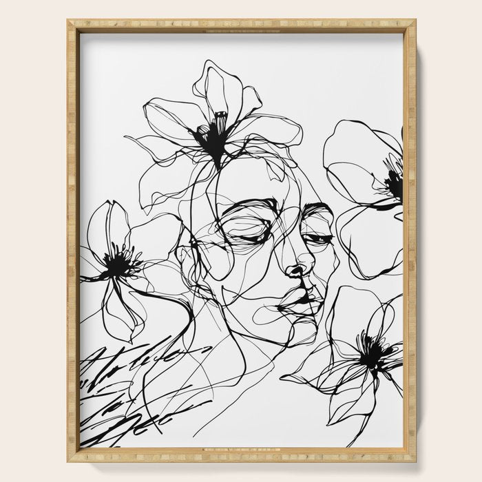 Monochrome Muse Expressive Line Art Portrait Serving Tray Gallery Image 1