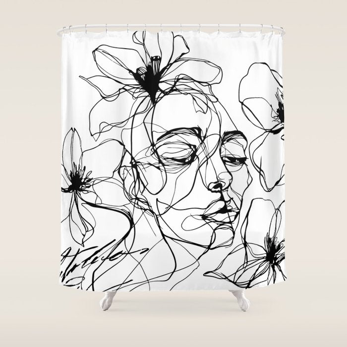 Monochrome Muse Expressive Line Art Portrait Shower Curtain Gallery Image 1