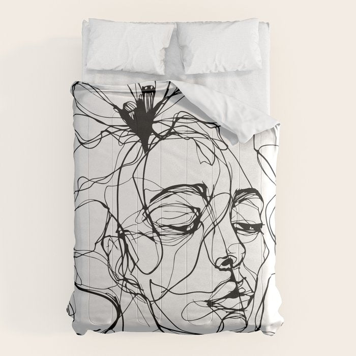 Monochrome Muse Expressive Line Art Portrait Comforter Gallery Image 6