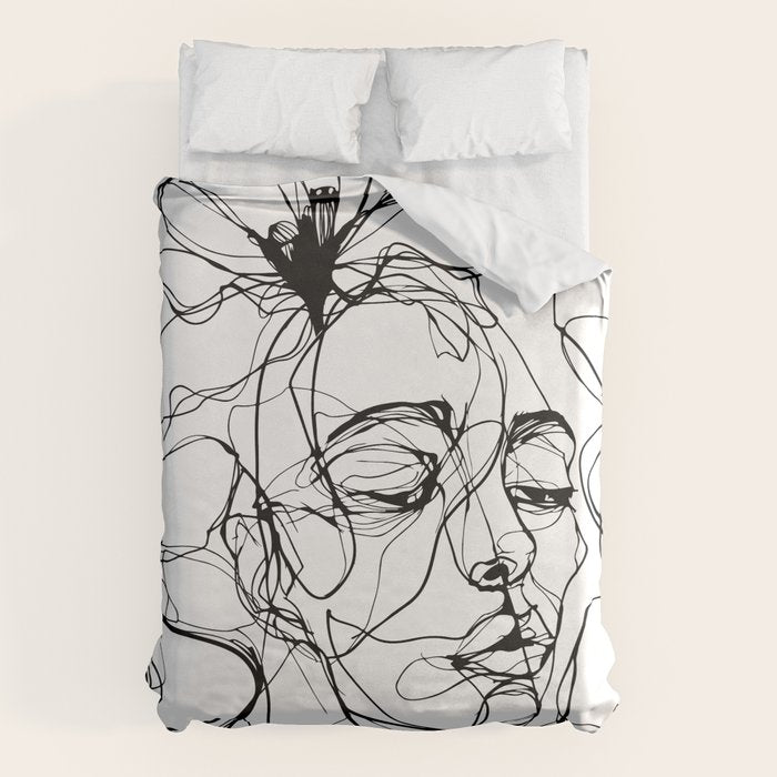 Monochrome Muse Expressive Line Art Portrait Duvet Cover Gallery Image 1