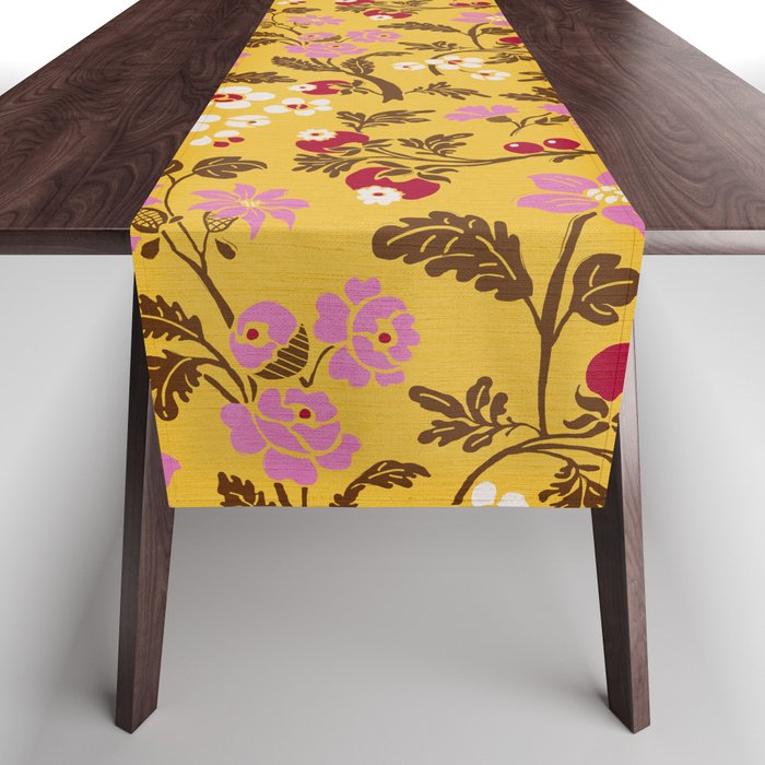 Chinoiserie Hand Drawn Florals On Yellow Table Runner Gallery Image 1
