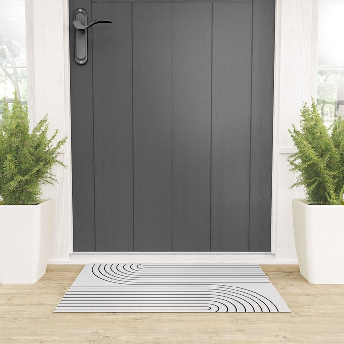 Minimal Line Curvature I Black and White Mid Century Modern Arch Abstract Welcome Mat Gallery Image 3