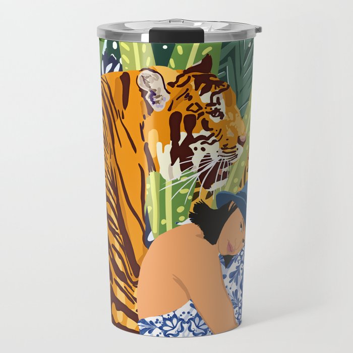 Awaken The Tiger Within Illustration, Wildlife Nature Wall Decor, Jungle Human Nature Connection Travel Mug Gallery Image 1