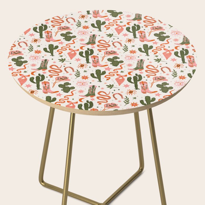 Retro Western-Inspired Pattern with Cacti, Snakes, and Cowboy Boots Side Table Gallery Image 2