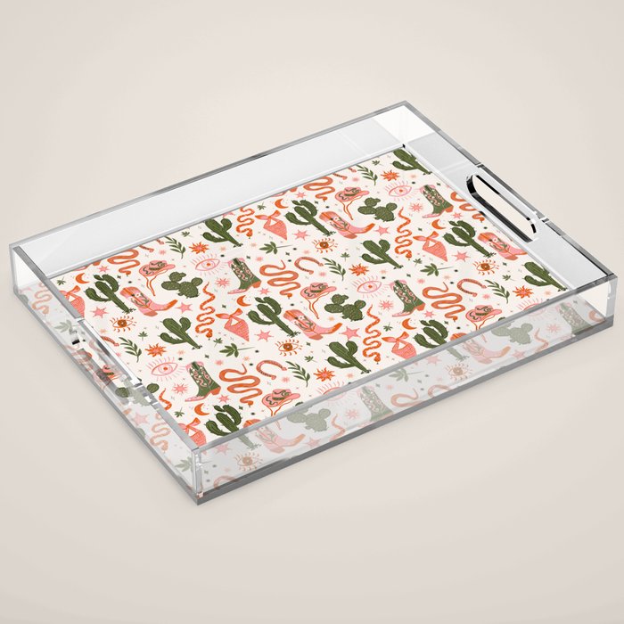 Retro Western-Inspired Pattern with Cacti, Snakes, and Cowboy Boots Acrylic Tray Gallery Image 1