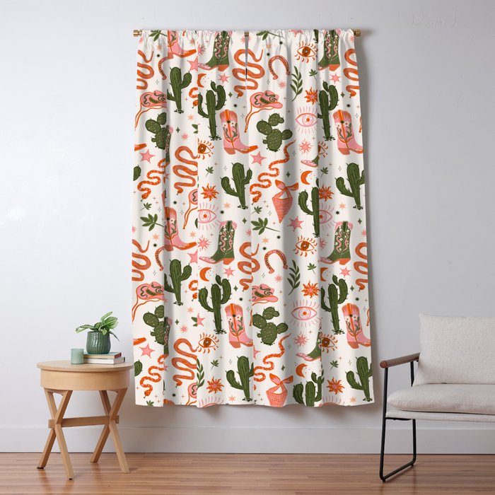 Retro Western-Inspired Pattern with Cacti, Snakes, and Cowboy Boots Window Curtain Gallery Image 5