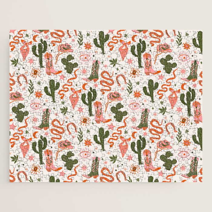 Retro Western-Inspired Pattern with Cacti, Snakes, and Cowboy Boots Jigsaw Puzzle Gallery Image 1