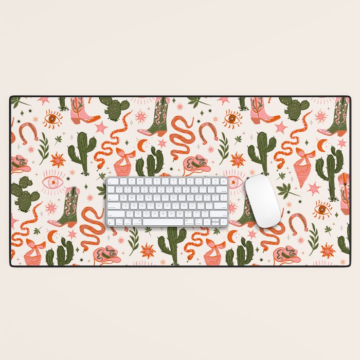 Retro Western-Inspired Pattern with Cacti, Snakes, and Cowboy Boots Desk Mat Gallery Image 1