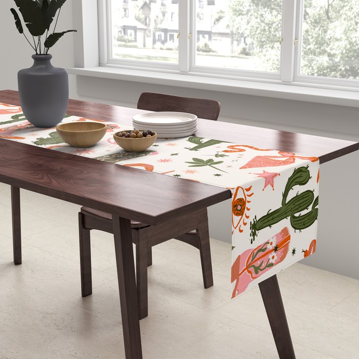 Retro Western-Inspired Pattern with Cacti, Snakes, and Cowboy Boots Table Runner Gallery Image 2