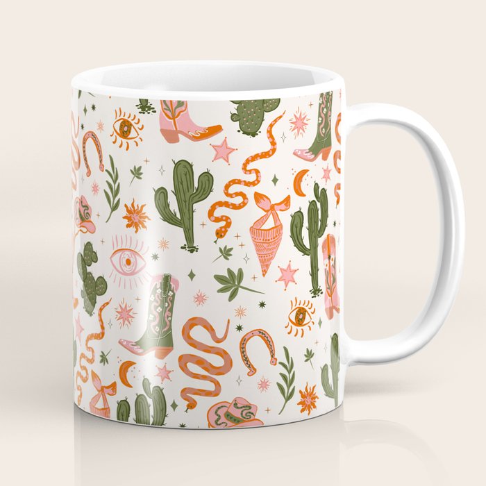 Retro Western-Inspired Pattern with Cacti, Snakes, and Cowboy Boots Coffee Mug Gallery Image 1