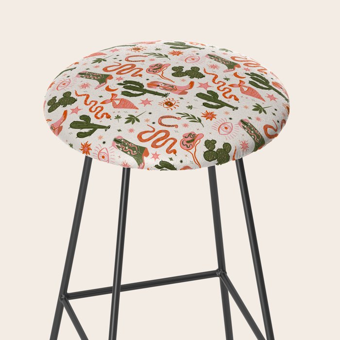 Retro Western-Inspired Pattern with Cacti, Snakes, and Cowboy Boots Stool Gallery Image 2