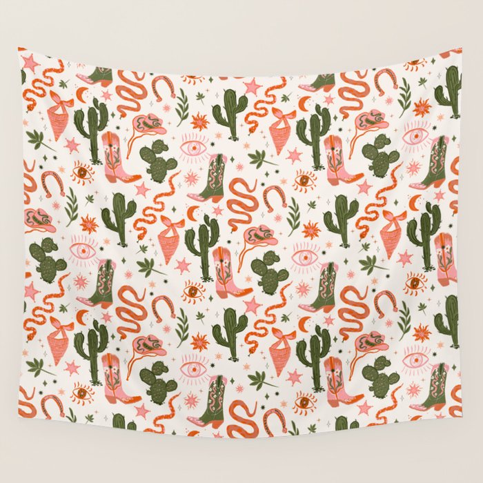 Retro Western-Inspired Pattern with Cacti, Snakes, and Cowboy Boots Wall Tapestry Gallery Image 4
