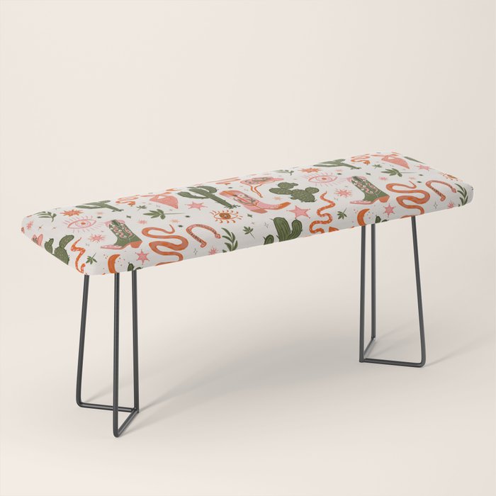 Retro Western-Inspired Pattern with Cacti, Snakes, and Cowboy Boots Bench Gallery Image 1