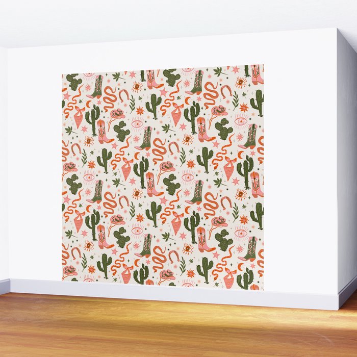 Retro Western-Inspired Pattern with Cacti, Snakes, and Cowboy Boots Wall Mural Gallery Image 2