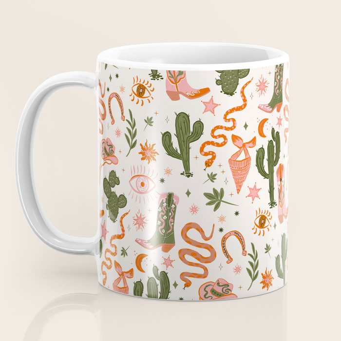 Retro Western-Inspired Pattern with Cacti, Snakes, and Cowboy Boots Coffee Mug Gallery Image 3