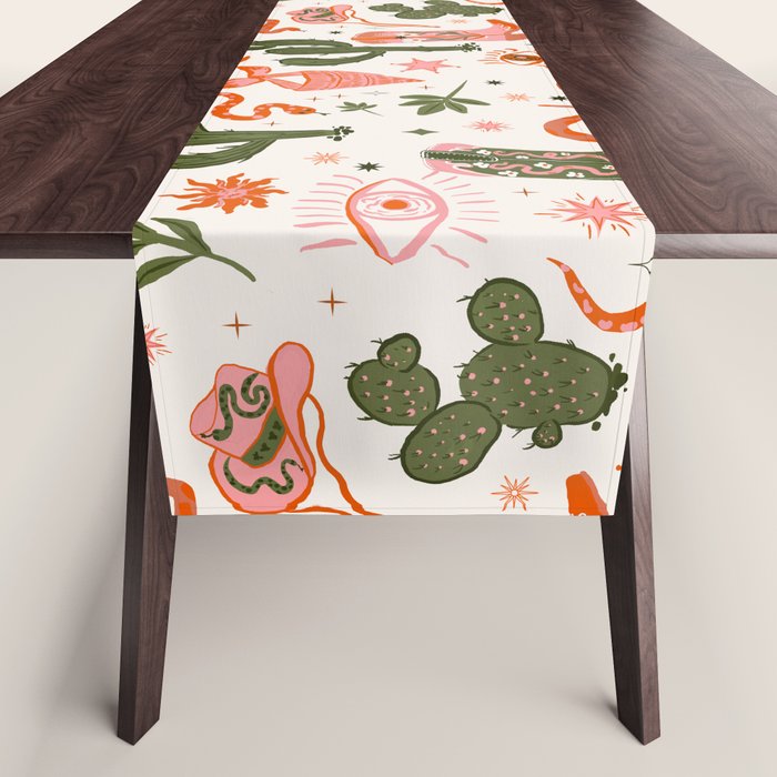 Retro Western-Inspired Pattern with Cacti, Snakes, and Cowboy Boots Table Runner Gallery Image 1